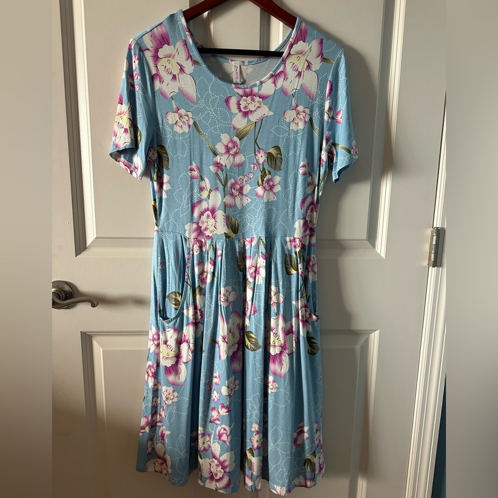 DouBCQ Floral Pocket Dress Blue Pink Casual Spring Dress NWT